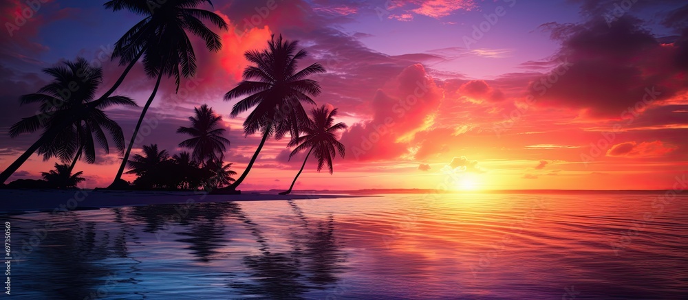 Tropical beach with palm trees silhouette during sunset.