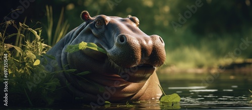 River hippo eating grass in sunlight.