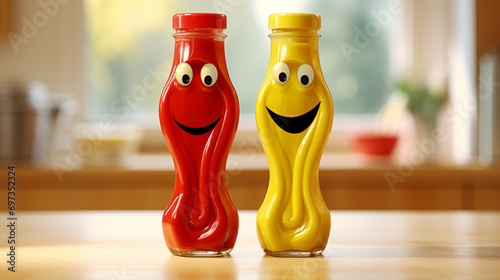 Smiling mustard and ketchup are on the kitchen table