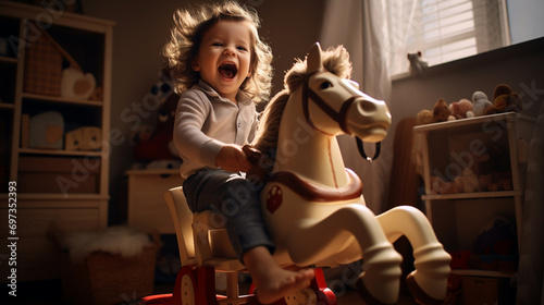 A child swings on a rocking horse in the children's room photo