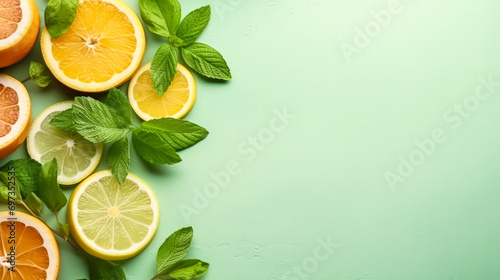 Sliced fruits adorned with mint on a refreshing green backdrop.