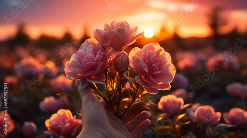 flower in the sun, Orange flower, flower at sunset, clouds at sunrise skies gradient, cirrus clouds, cumulus clouds, pink sky, pink clouds, sun, environment, background hands clutching