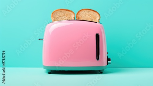 Retro pink toaster with toasts on a turquoise background.