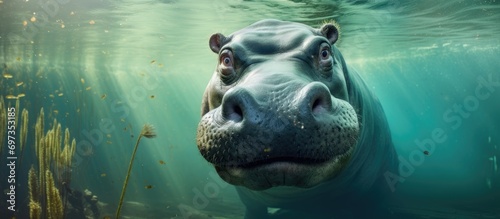 Hippo swimming up close underwater.