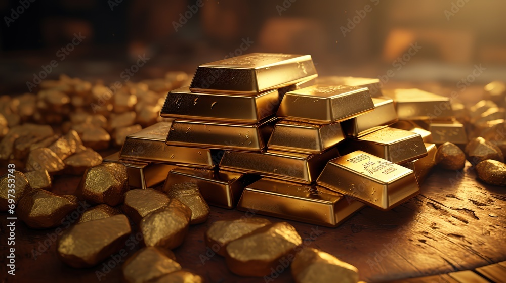A pile of shiny gold pieces on a black background. generative AI A pile of shiny gold pieces on a black background. generative AI