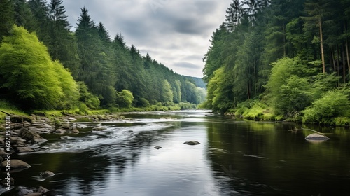 In thuringia, germany, there is a river that is surrounded by forests and under a cloudy sky.