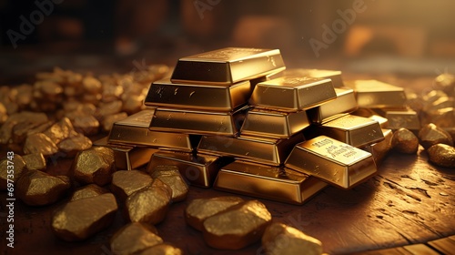 A pile of shiny gold pieces on a black background. generative AI