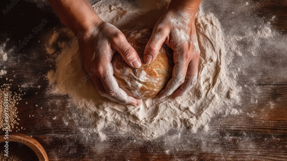 Fototapeta premium Grandmothers hands expertly kneading bread dough on a wooden table