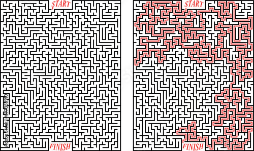 Vector rectangular labyrinth with entry and exit. Difficulty level - hard. Maze with solution - red passing route. Children logic game for brain training isolated on white background.