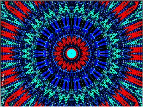 Abstract, Large Serrated Circular Design, Red and Light Blue, with a 3d Swirl, within a Border