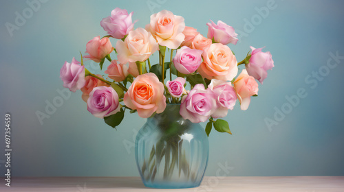 Wallpaper Mural A vibrant still life of pink and orange garden roses arranged in a tall vase, capturing the essence of floristry and the beauty of nature in a stunning display of floral design Torontodigital.ca