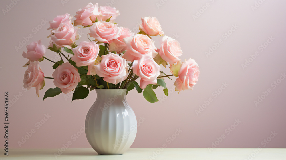 A stunning display of delicate pink roses in a decorative vase, exuding the essence of floristry and adding a touch of natural beauty to any indoor space