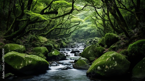 The green forest in yakushima, japan is a mesmerizing sight with diverse plant varieties.