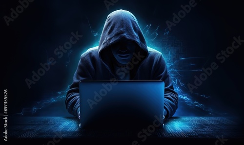 A hacker wearing a hoodie is hacking data using a laptop photo