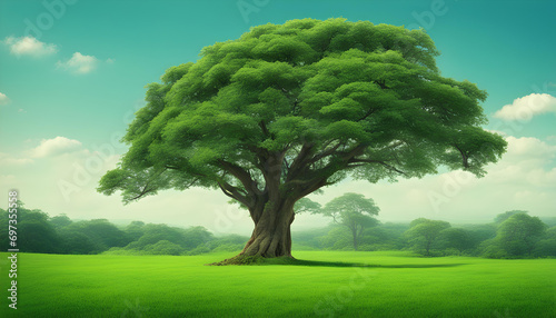 big tree with green field and blue sky