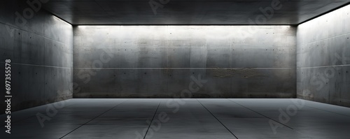An empty room with textured black walls with white light beams from above
