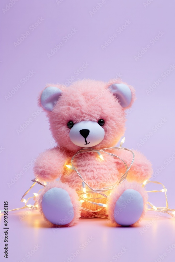 Cute pink teddy bear surrounded by warm glowing fairy lights on a soft purple background Cute pink teddy bear surrounded by warm glowing fairy lights on a soft purple background