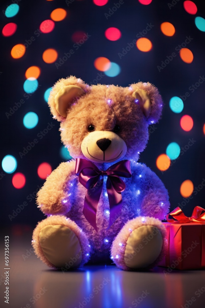 A charming teddy bear adorned with twinkling lights beside a shiny red wrapped gift box A charming teddy bear adorned with twinkling lights beside a shiny red wrapped gift box