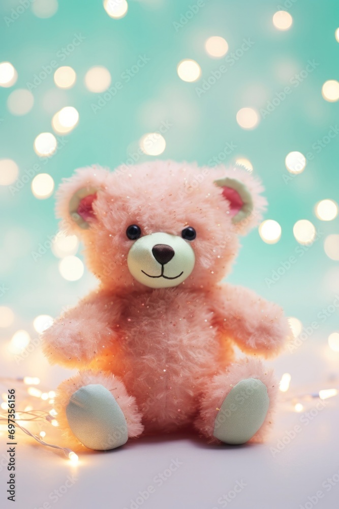 Delightful fluffy bear sits surrounded by twinkling lights with a magical bokeh effect backdrop Delightful fluffy bear sits surrounded by twinkling lights with a magical bokeh effect backdrop