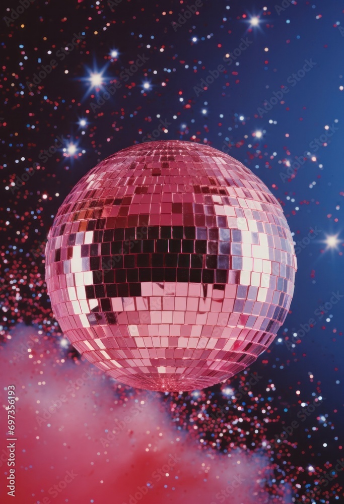 Obraz premium A disco ball with a cosmic and galactic backdrop, suggesting a theme of space exploration and celebration