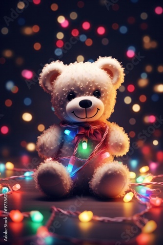 Charming teddy bear adorned with colorful christmas lights sitting against a dark bokeh background © Glittering Humanity