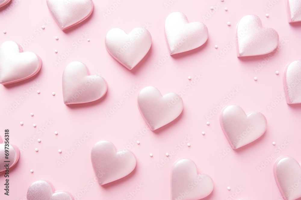 Assorted heart-shaped candies and sugar beads spread on a pastel pink background