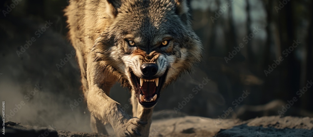 Naklejka premium Enraged European wolf guarding prey with fierce gaze.