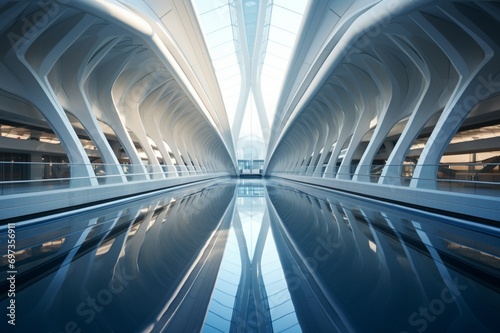 : A symmetrical shot of a futuristic train station, with sleek lines and modern design elements creating a visually striking architectural composition photo