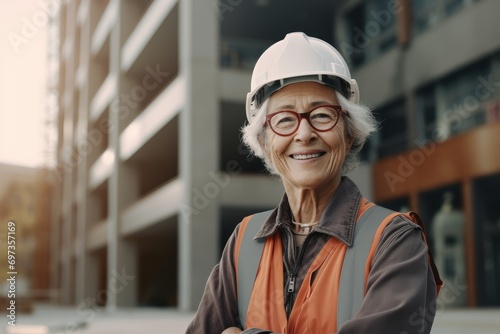Portrait of a positive female construction worker in a protective helmet on a construction site.  photo