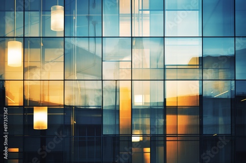 : An abstract composition of light patterns on a glass facade, creating a visually stunning play of reflections and transparency in modern architecture