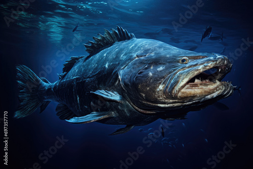 A Coelacanth, a rare and prehistoric fish species, in its deep-sea habitat