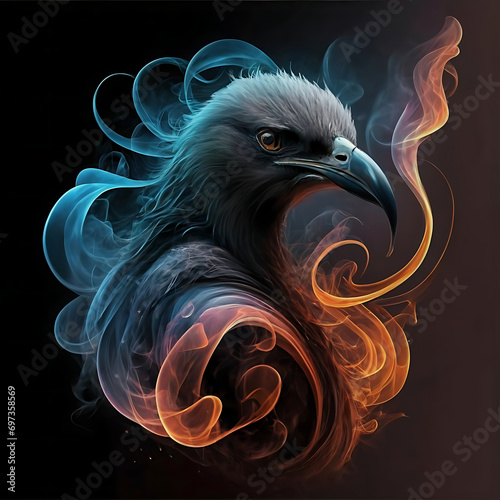 an ethereal and mesmerizing image of an Blue-footed Booby Embrace the styles of illustration, dark fantasy, and cinematic mystery the elusive nature of smoke photo