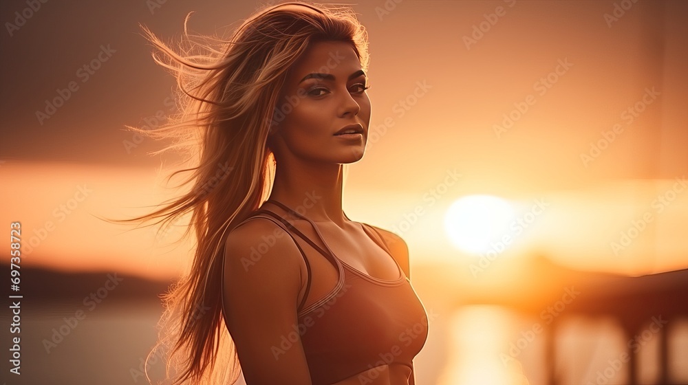 A young lady is performing sports exercises on a beach during sunrise in the morning. A young lady is performing sports exercises on a beach during sunrise in the morning.
