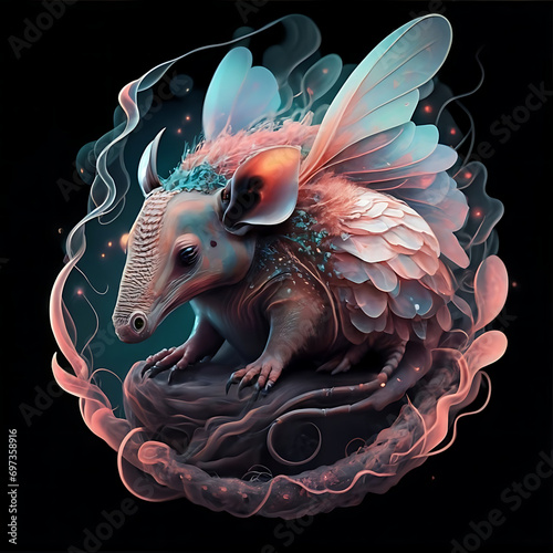 an ethereal and mesmerizing image of an Pink Fairy Armadillo Embrace the styles of illustration, dark fantasy, and cinematic mystery the elusive nature of smoke photo