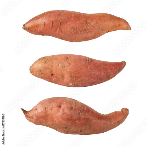 Sweet potato or sweetpotato three whole tubes with red skin isolated transparent png. Vegetable food staple.