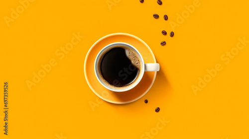 Top view of a white cup filled with aromatic coffee on a cheerful yellow background