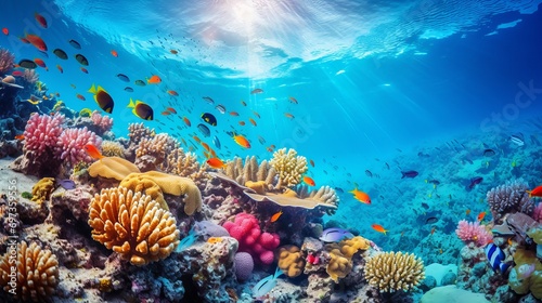An underwater adventure that involves exploring blue sea life, reefs, and fish.