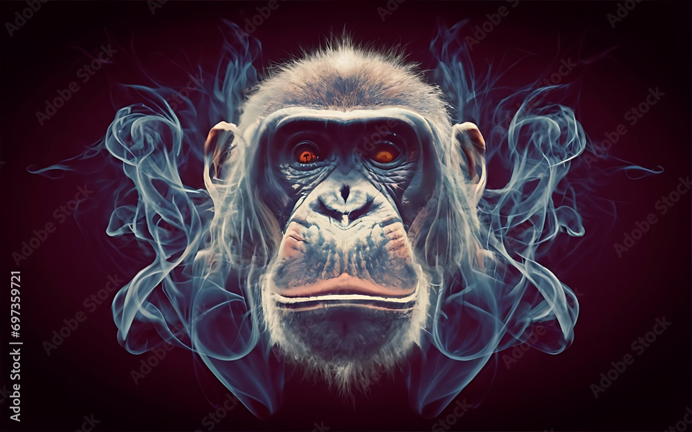 an ethereal and mesmerizing image of an Chimpanzee Embrace the styles of illustration, dark fantasy, and cinematic mystery the elusive nature of smoke an ethereal and mesmerizing image of an Chimpanzee Embrace the styles of illustration, dark fantasy, and cinematic mystery the elusive nature of smoke