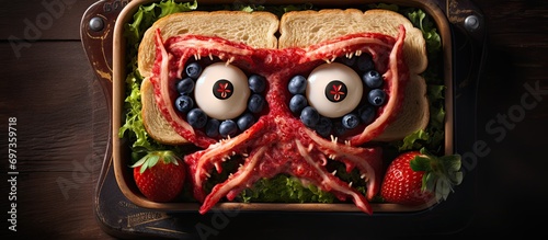 Monster sandwich with salami and fresh berries in a school lunch box, taken from above. photo
