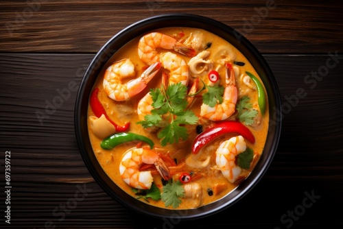 Top view of a spicy Thai Tom Yam Kung soup with shrimp in a black bowl on the wooden table