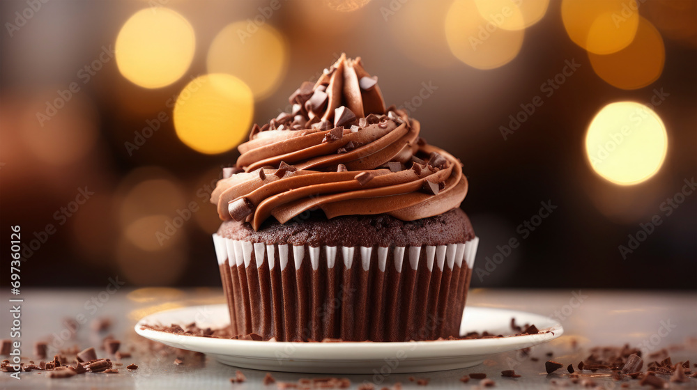 Closeup of dessert of one delicious chocolate cupcake with brown cream on brown golden background, for celebration, birthday or party - obrazy, fototapety, plakaty 