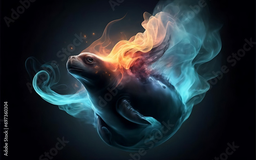 an ethereal and mesmerizing image of an Elephant Seal Embrace the styles of illustration, dark fantasy, and cinematic mystery the elusive nature of smoke photo
