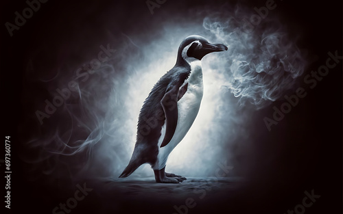 an ethereal and mesmerizing image of an Chinstrap Penguin the styles of illustration, dark fantasy, and cinematic mystery the elusive nature of smoke photo
