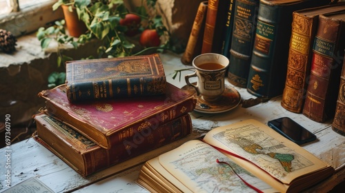 retro background with vintage books on table and cabinet