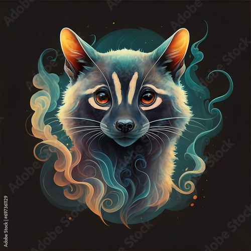 an ethereal and mesmerizing image of an Civet Cat Embrace the styles of illustration, dark fantasy, and cinematic mystery the elusive nature of smoke photo