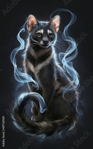 an ethereal and mesmerizing image of an Civet Cat Embrace the styles of illustration  dark fantasy  and cinematic mystery the elusive nature of smoke