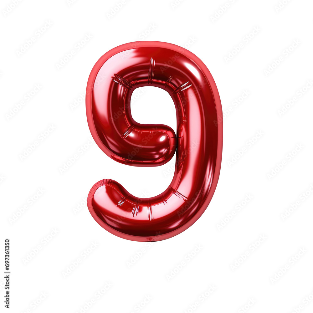 Red metallic Number 9 balloon Realistic 3D on white background. Generative AI Red metallic Number 9 balloon Realistic 3D on white background. Generative AI