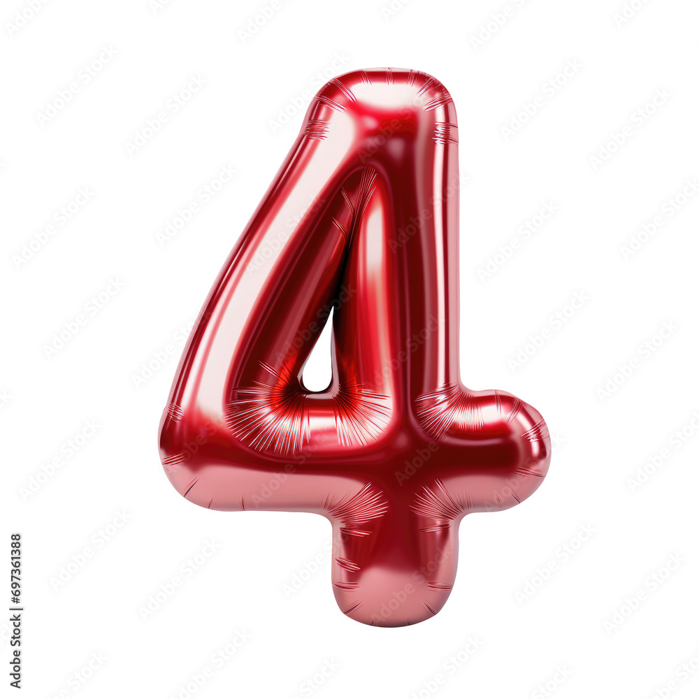 Red metallic Number 4 balloon Realistic 3D on white background. Generative AI Red metallic Number 4 balloon Realistic 3D on white background. Generative AI