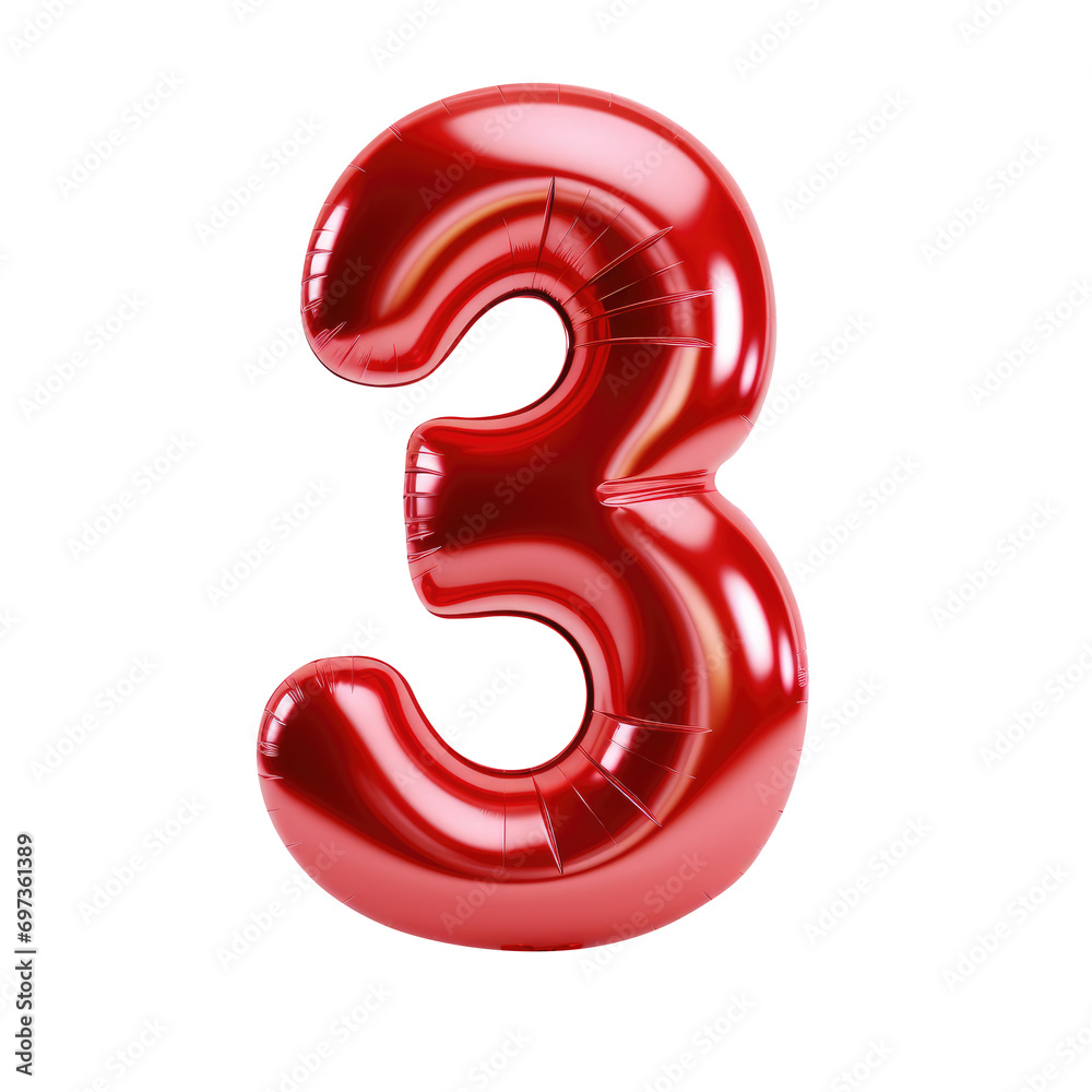 Red metallic Number 3 balloon Realistic 3D on white background. Generative AI Red metallic Number 3 balloon Realistic 3D on white background. Generative AI