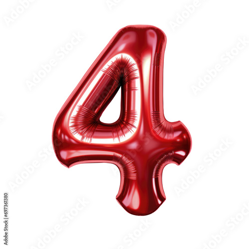 Red metallic Number 4 balloon Realistic 3D on white background. Generative AI